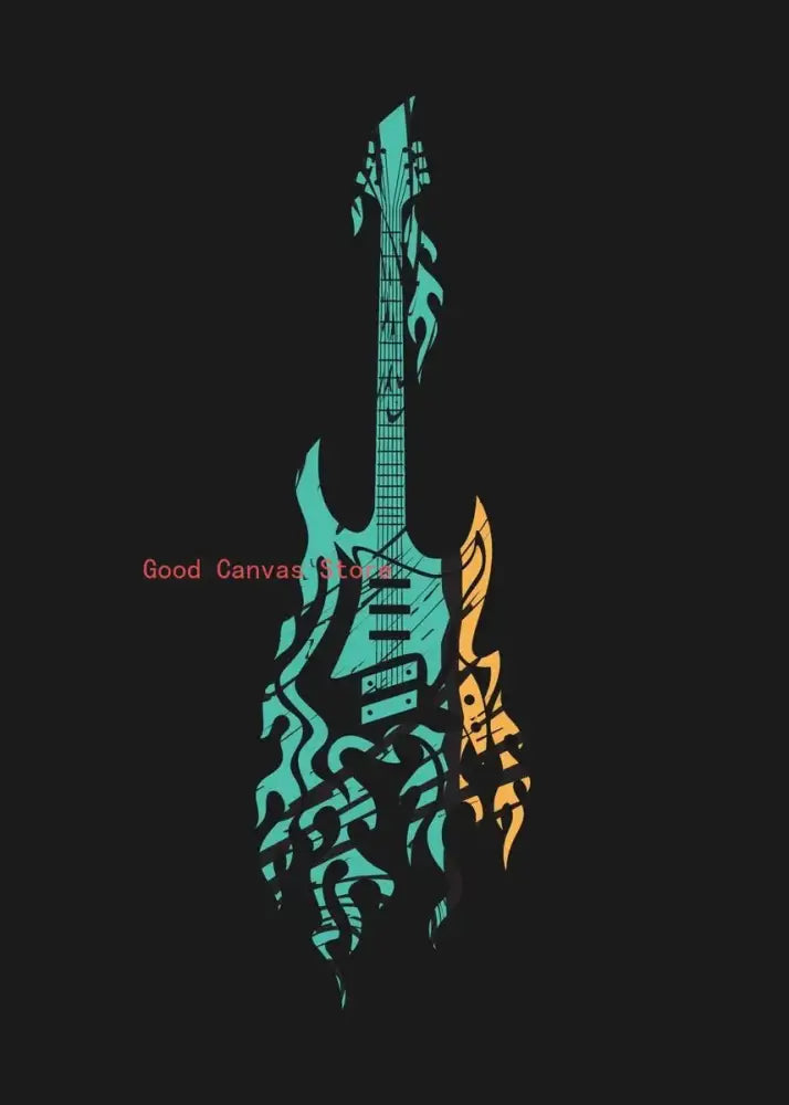 Abstract electric guitar canvas print in teal and orange with flame patterns for living room wall art