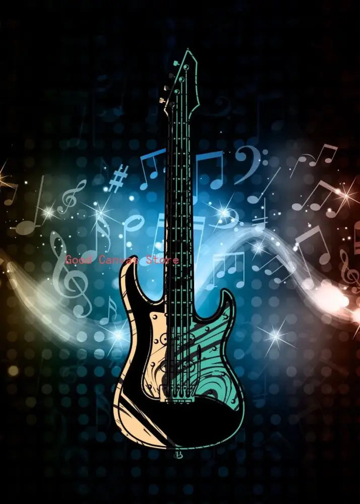 Abstract electric guitar canvas print featuring a stylized black body with teal and gold accents and glowing notes