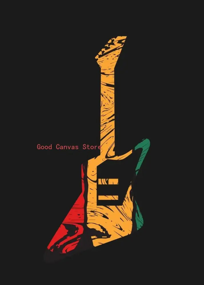 Abstract electric guitar canvas print featuring vibrant red yellow green hues and wood grain texture on black background