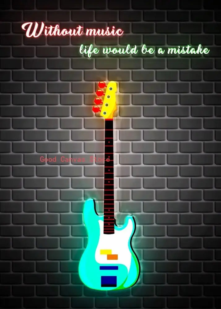 Abstract electric guitar canvas print featuring a glowing turquoise electric guitar with colorful accents for living room wall art
