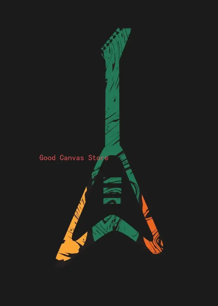 Abstract electric guitar canvas print featuring a stylized green electric guitar with orange and black accents on canvas
