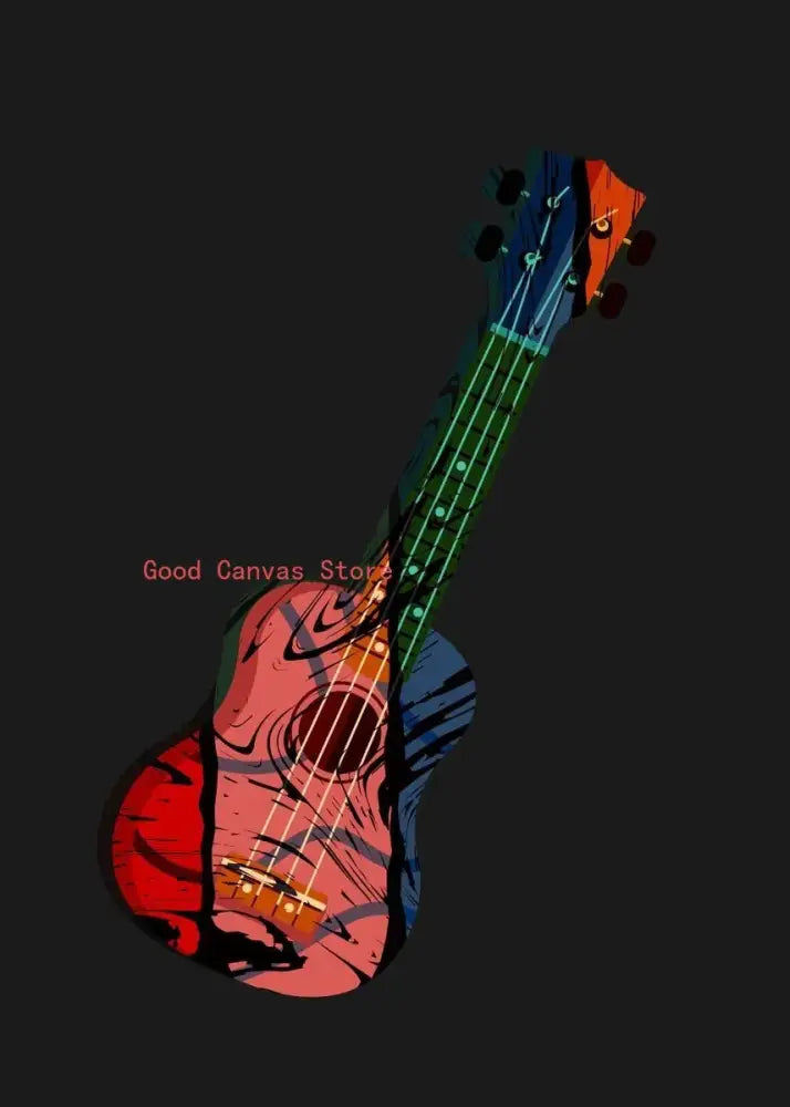 Vibrant abstract electric guitar canvas print featuring a neon painted ukulele with red, black, green, blue, and orange colors