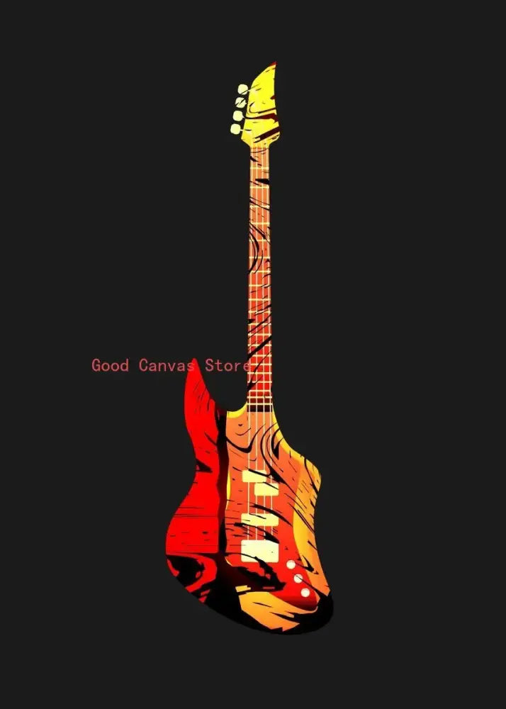 Vibrant red and orange flame-patterned abstract electric guitar canvas print for living room wall art on dark canvas