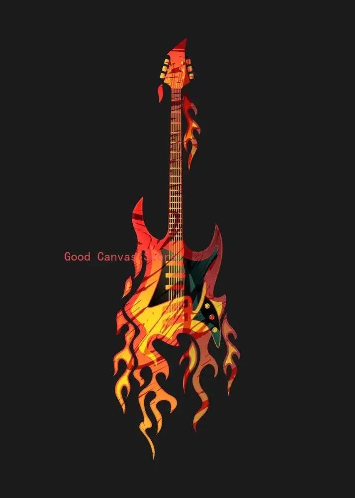 Fiery red and orange abstract electric guitar canvas print with flame designs for living room wall art