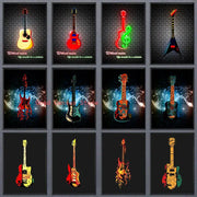 Abstract neon electric guitar canvas print with vibrant colors and dynamic designs for living room wall art