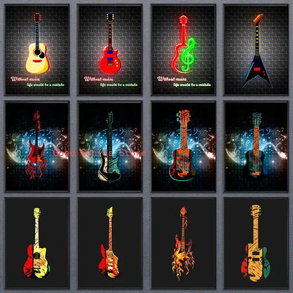 Abstract neon electric guitar canvas print with vibrant colors and dynamic designs for living room wall art