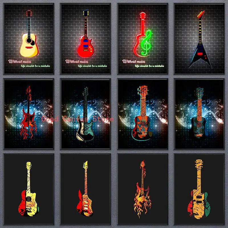 Abstract neon electric guitar canvas print with vibrant colors and dynamic designs for living room wall art