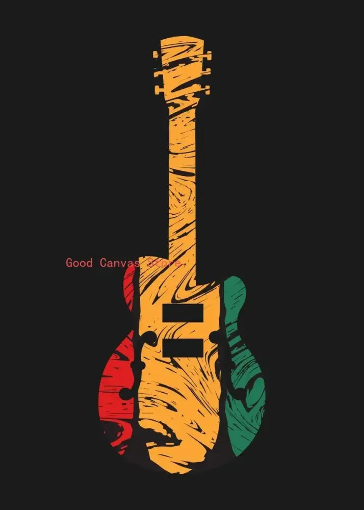 Abstract electric guitar canvas print with rasta colors on dark fabric for vibrant living room wall art decor