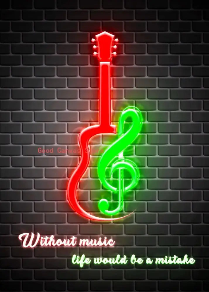 Abstract electric guitar canvas print featuring a glowing red and green neon guitar with treble clef on dark brick wall