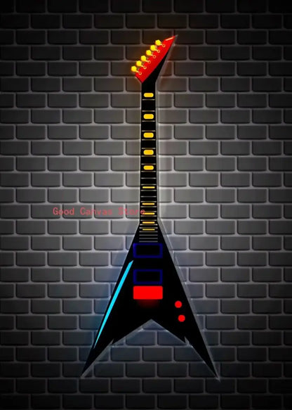 Abstract electric guitar canvas print featuring a sleek black electric guitar with glowing red accents for living room wall art