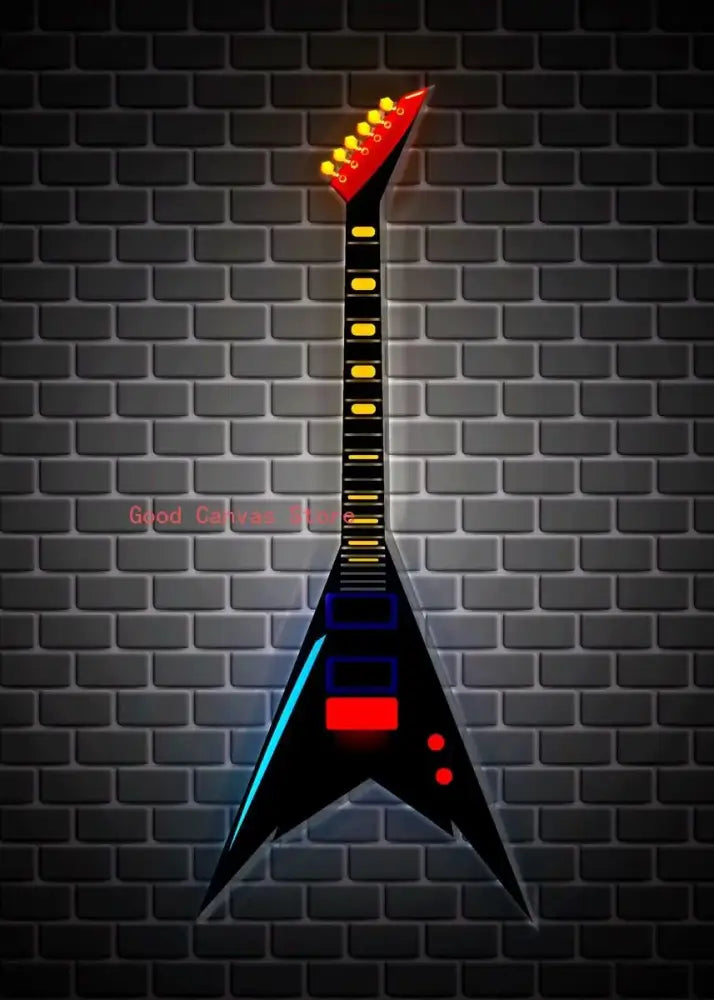 Abstract electric guitar canvas print featuring a sleek black electric guitar with glowing red accents for living room wall art