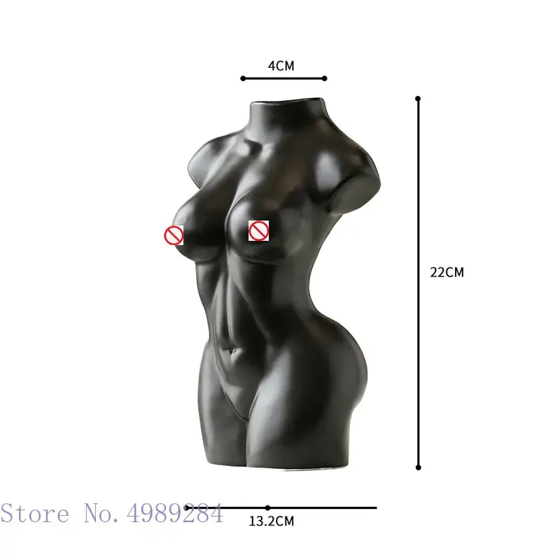 Black glossy resin abstract nude female torso sculpture with smooth curves and defined abs for living room decor