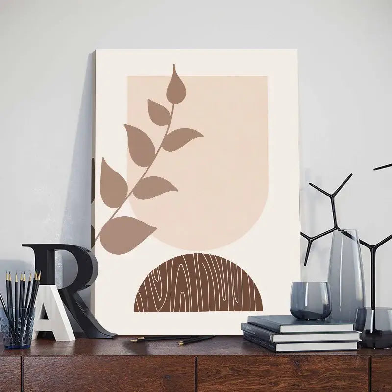 DecorBites™ abstract orange leaf posters set featuring minimalist stylized leaf branch in muted brown with wood grain texture