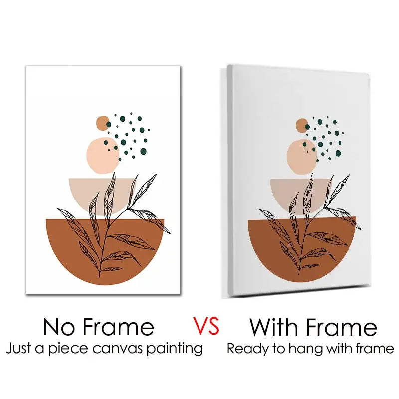 Minimalist abstract orange leaf posters set with botanical design and geometric shapes in earthy tones for boho decor