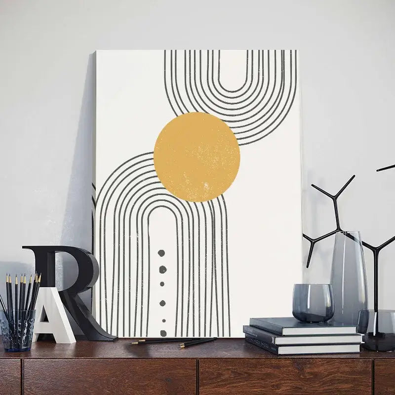 Decorbites™ abstract orange leaf posters set featuring a modern abstract canvas with mustard-yellow circle and black lines