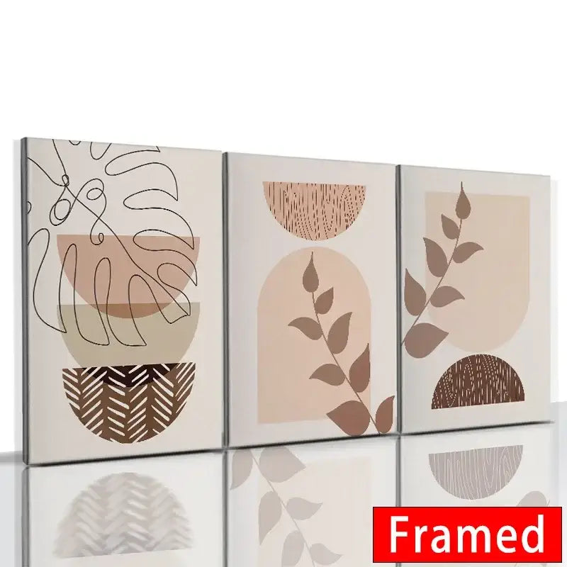 Set of three framed abstract orange leaf posters featuring minimalist botanical line art in earthy beige and brown tones