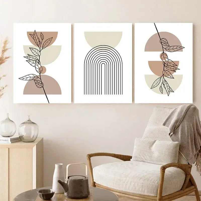 Set of three decorbites™ abstract orange leaf posters featuring minimalist botanical and geometric designs on white canvas