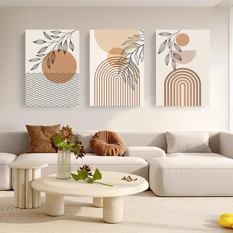 Set of three minimalist decorbites™ abstract orange leaf posters featuring leafy branches and geometric arcs on white canvas
