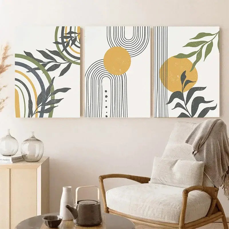 Set of three decorbites™ abstract orange leaf posters featuring stylized leaves and geometric arcs on white background