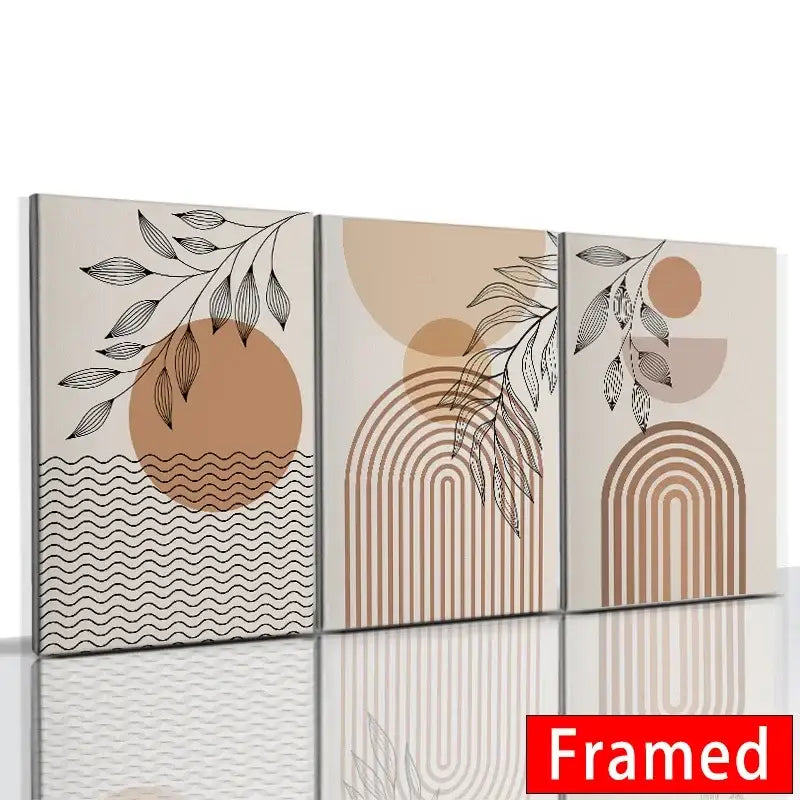 Three-panel framed abstract orange leaf posters featuring minimalist botanical and geometric designs in beige tan and black