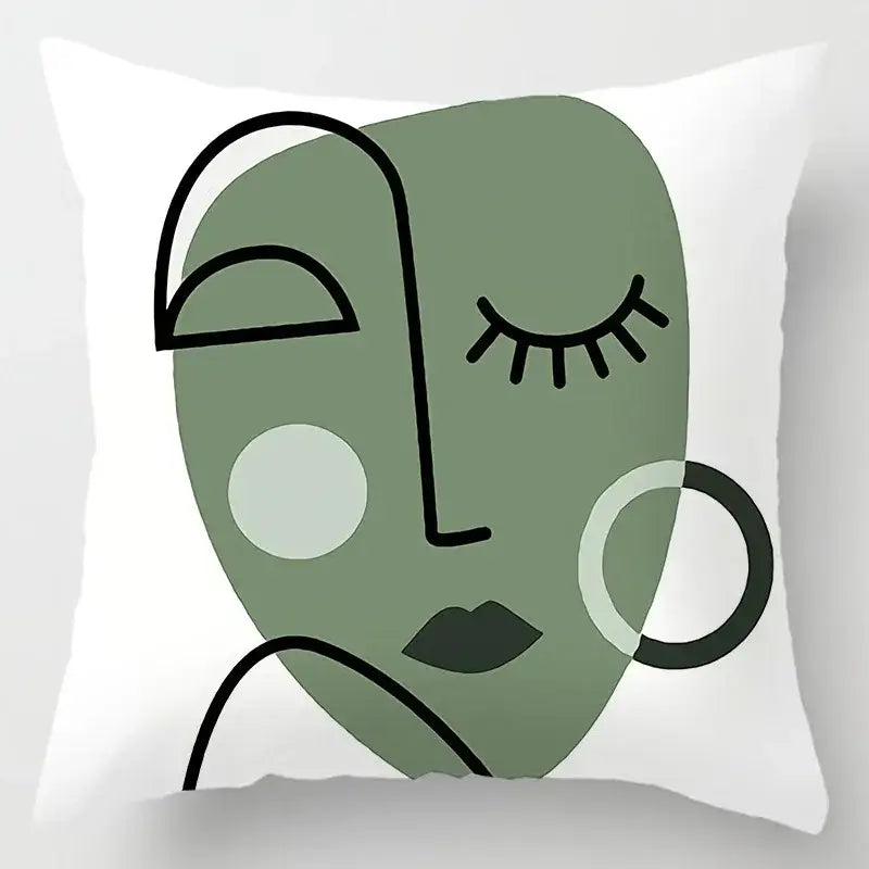White throw pillow cushion cover featuring minimalist abstract face with geometric leaves print in olive green and black accents