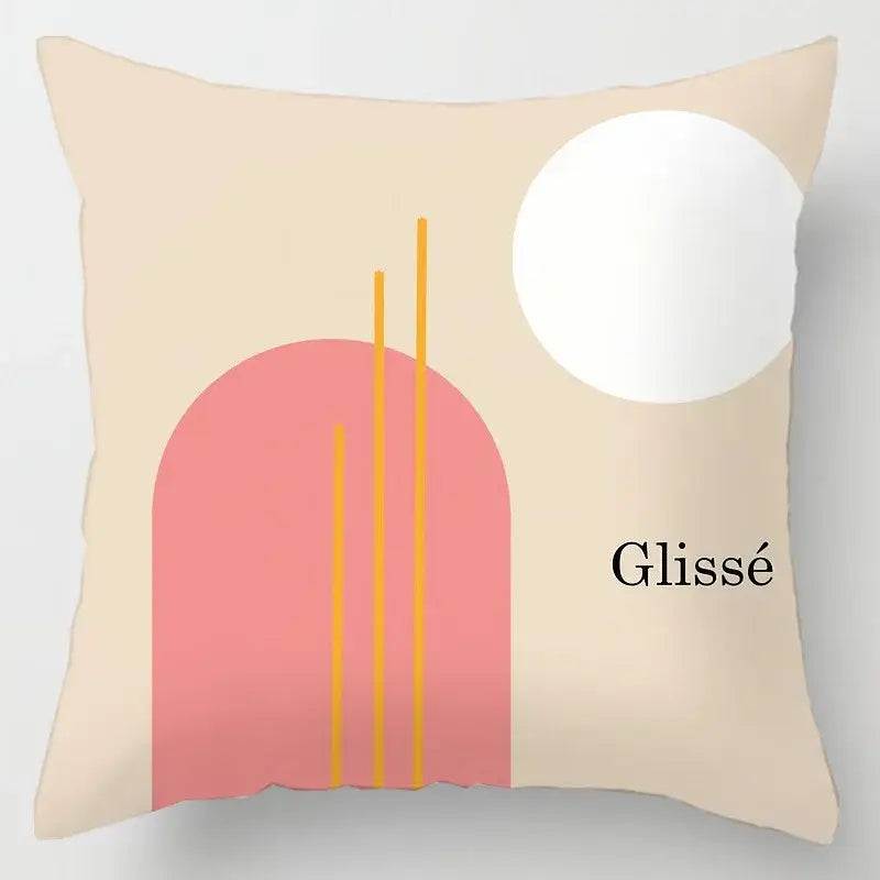Beige cushion cover with abstract pastel geometric leaves print featuring pink arch yellow lines and white circle design