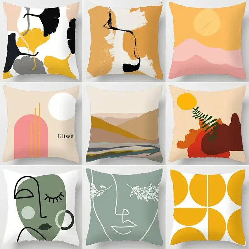 A collection of nine cushion covers with abstract pastel tones and bold geometric leaves print for living room decor