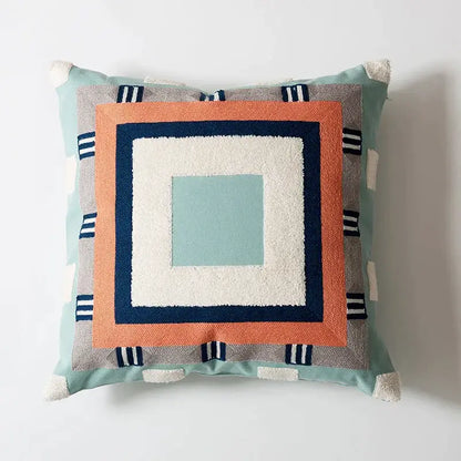 Abstract pastel geometric cushion cover with layered mint coral navy cream embroidery and tassels for living room decorbites geometric cushion