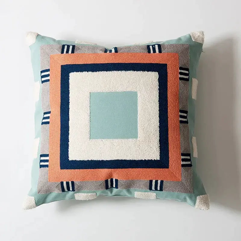 Abstract pastel geometric cushion cover with layered mint coral navy cream embroidery and tassels for living room decorbites geometric cushion