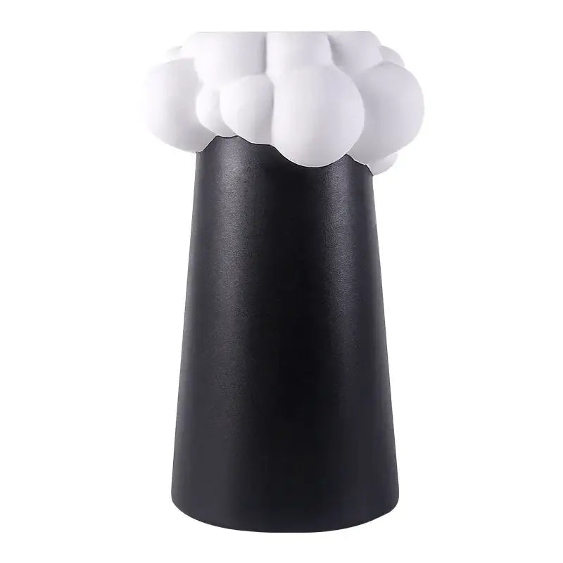 Black matte-finished abstract patchwork ceramic vase with whimsical white cloud top for living room decorbites decor