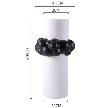 White cylindrical ceramic vase with black glossy bead band midsection abstract patchwork decorbites abstract patchwork ceramic