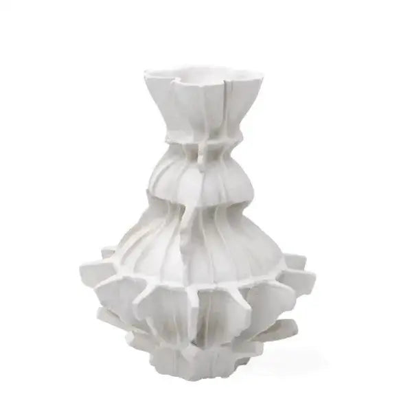 White ceramic abstract pleated gear vase with layered petal-like ridges and fluted top for living room decor