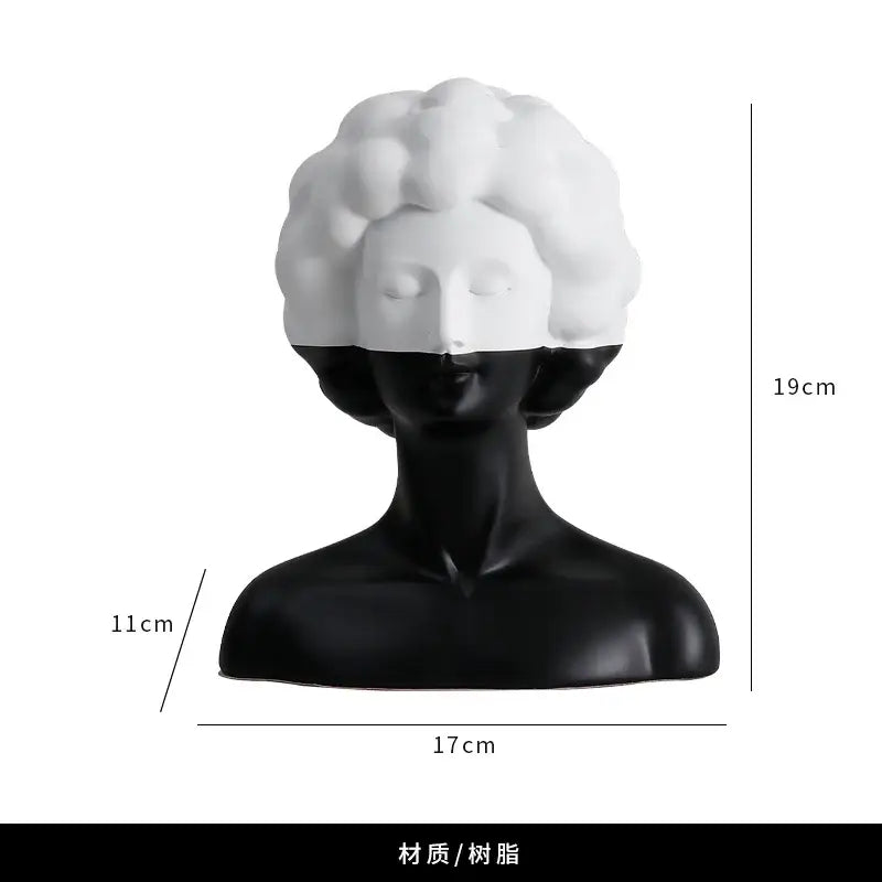 Black and white abstract portrait resin figure with glossy finish featuring textured white curls and smooth black face decorbites abstract portrait