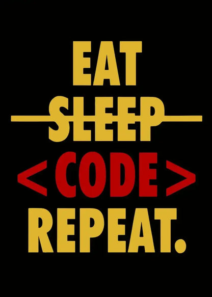 Black notebook cover with bold yellow and red eat sleep repeat text from decorbites abstract programmer gamer wall art