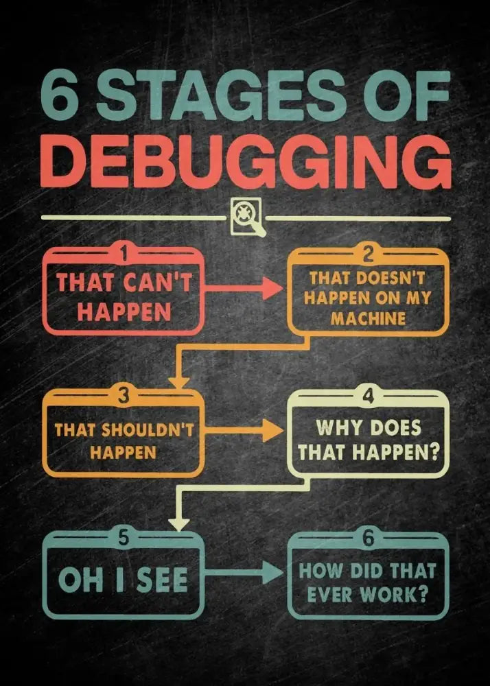 The decorbites™ abstract programmer gamer canvas wall art features a colorful infographic of the six stages of debugging on dark textured background