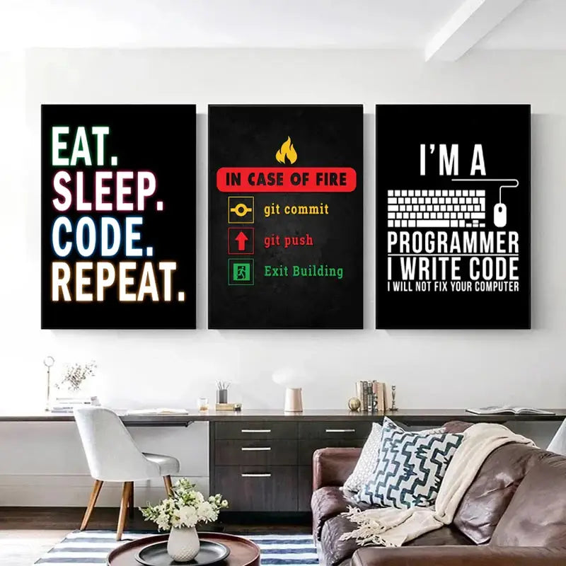Three black framed abstract programmer gamer canvas wall art pieces with white and colorful programming text decorbites