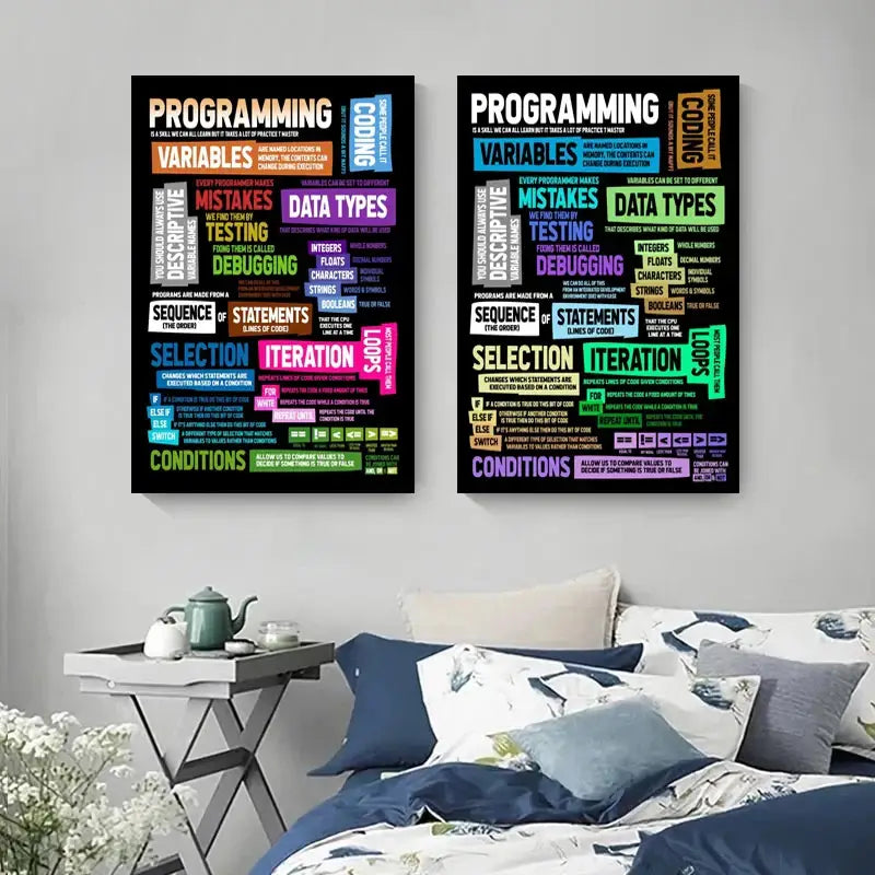 Two black-framed abstract programmer gamer canvas wall art posters with colorful programming word cloud design by DecorBites