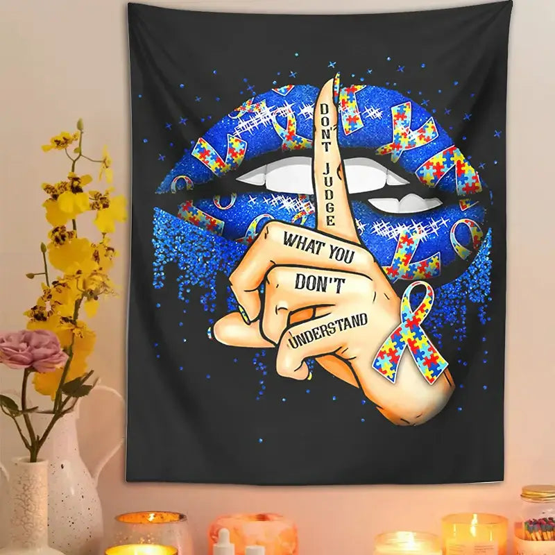 Black abstract psychedelic tapestry wall hanging featuring blue glitter lips puzzle pieces autism ribbon and shh hand decorbites