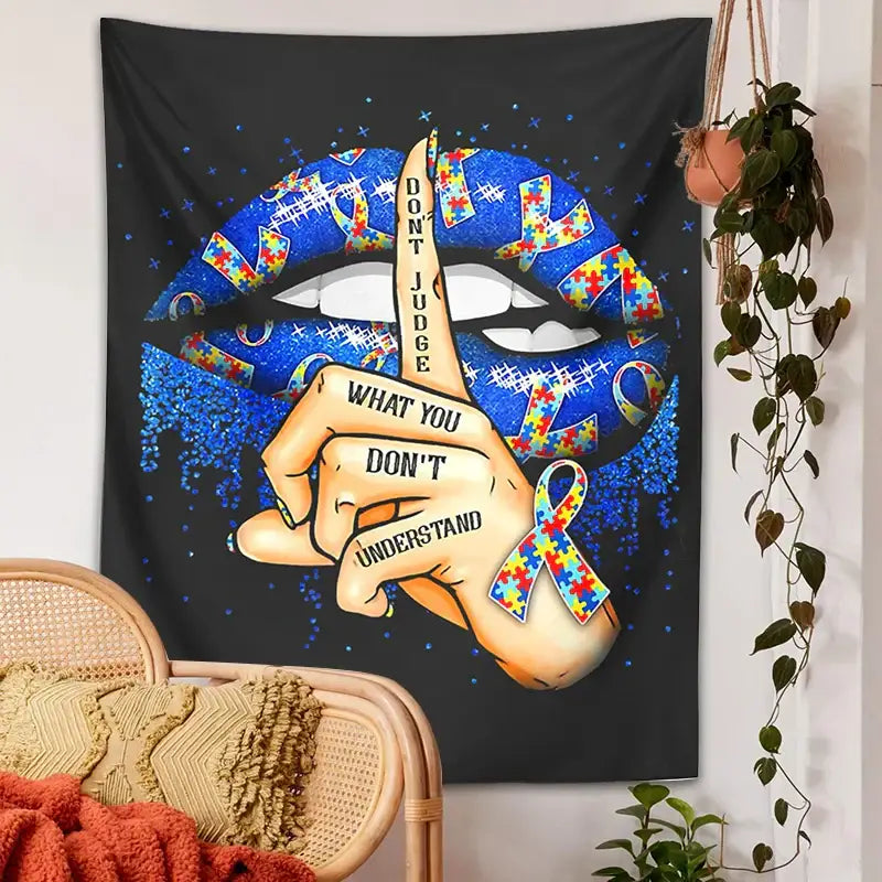 Black decorbites abstract psychedelic tapestry with blue glitter lip and autism puzzle pieces for bedroom wall decor