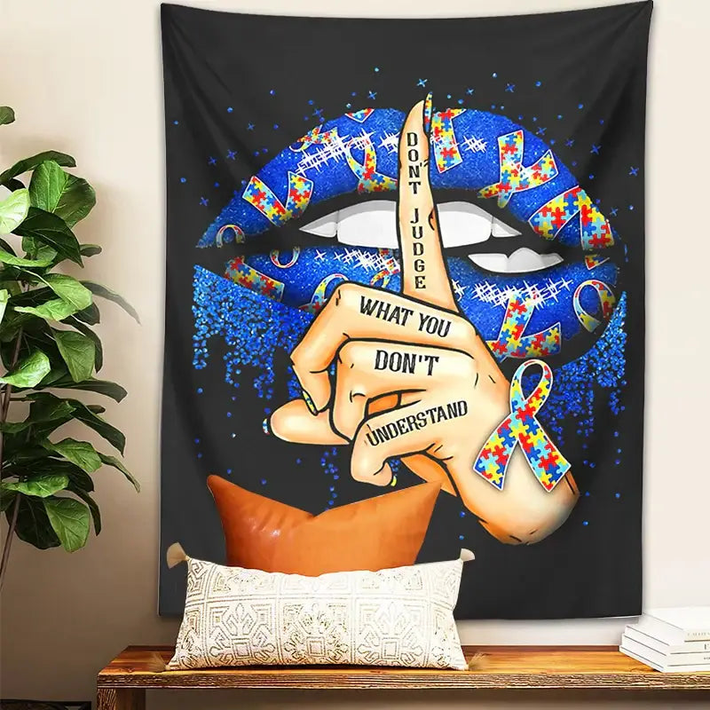 Black decorbites abstract psychedelic tapestry wall hanging with blue glitter lip and autism awareness puzzle pieces design