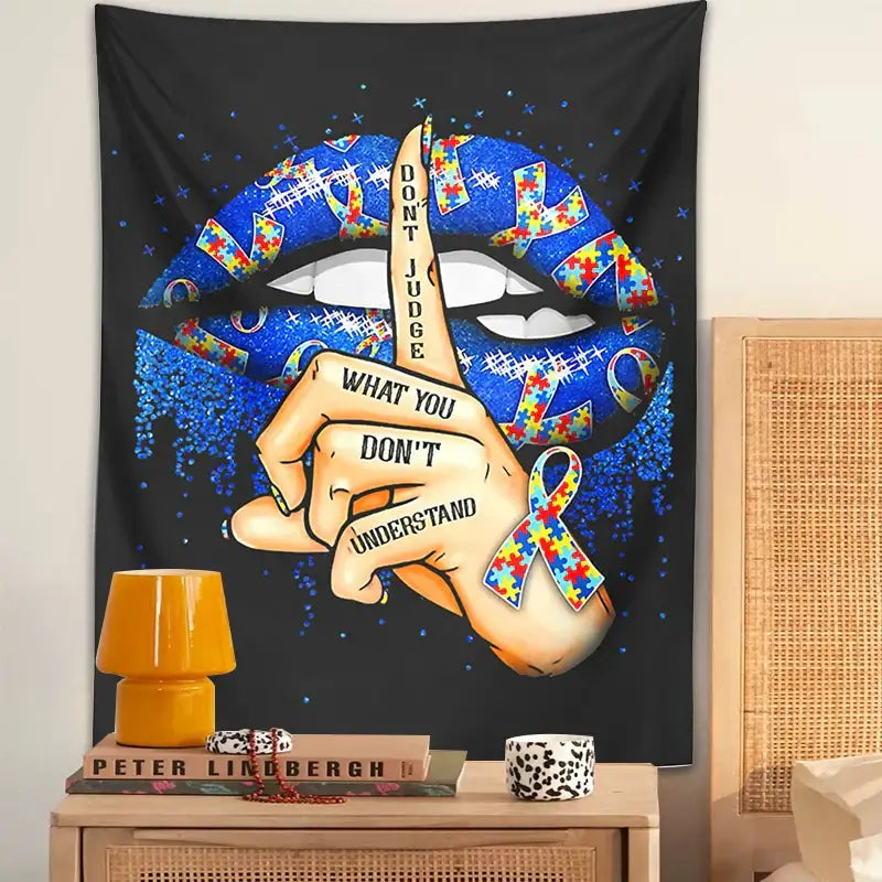 Black abstract psychedelic tapestry wall hanging with blue lips and colorful autism awareness puzzle pieces decorbites art