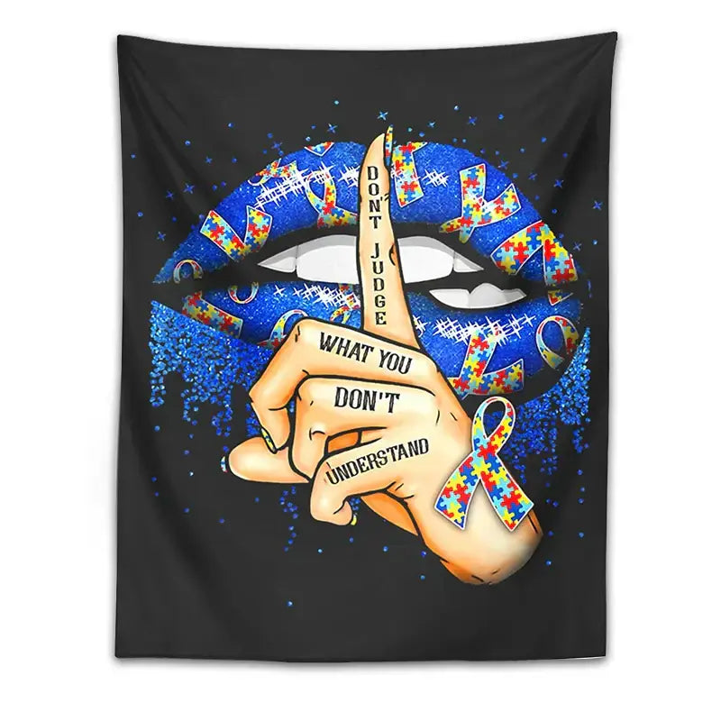 Black tapestry with vibrant blue glitter lip and colorful autism awareness puzzle pieces decorbites abstract psychedelic wall hanging