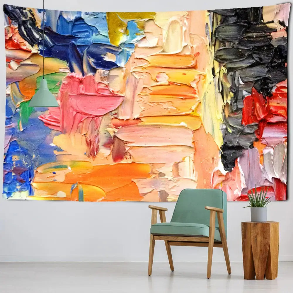 Vibrant abstract paint-splatter mandala 3d tapestry with bold blue orange pink and black brushstrokes for decorbites boheme decor