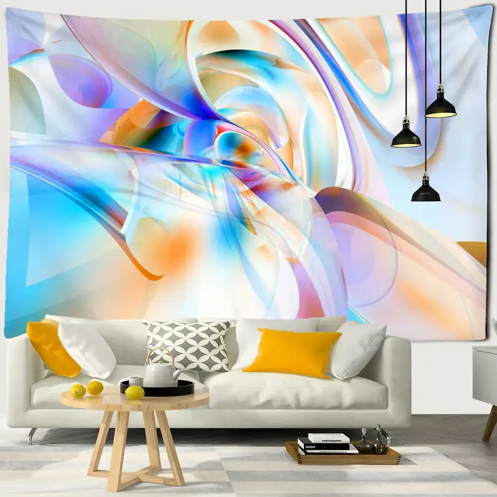 Vibrant abstract mandala 3d tapestry in blues purple and orange hanging above white sofa for decorbites boheme decor