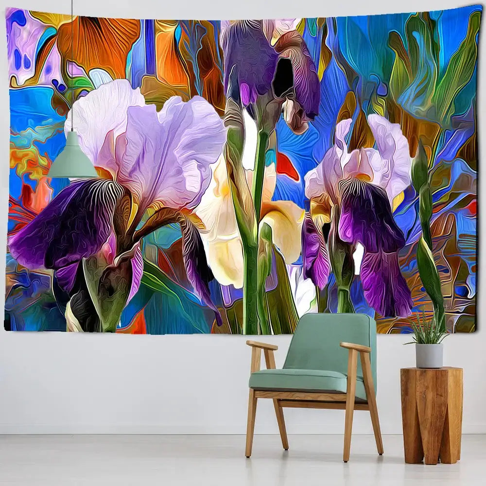 Vibrant abstract purple and blue iris mandala 3d tapestry featuring stylized floral design for decorbites boheme decor