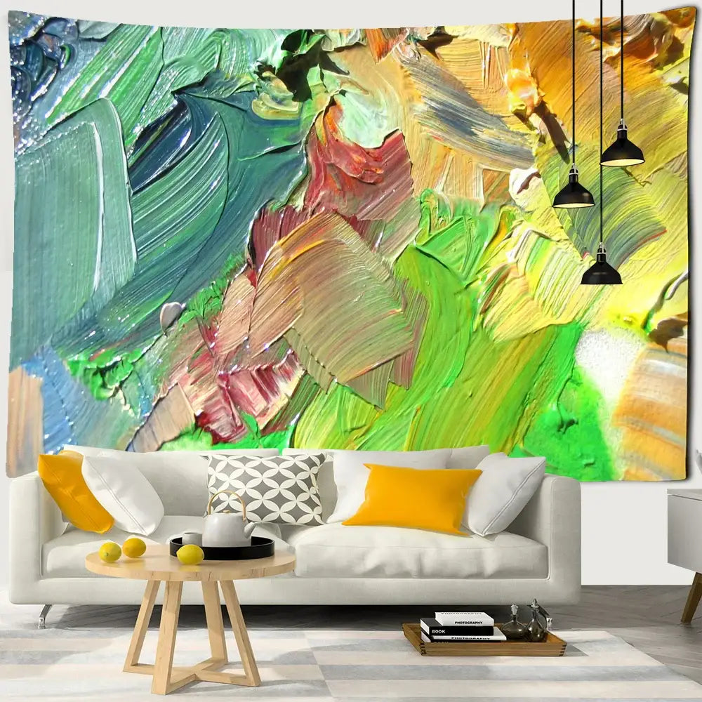Vibrant abstract paintbrush strokes tapestry in bold greens yellows and reds for decorbites boheme mandala 3d tapestry living room decor