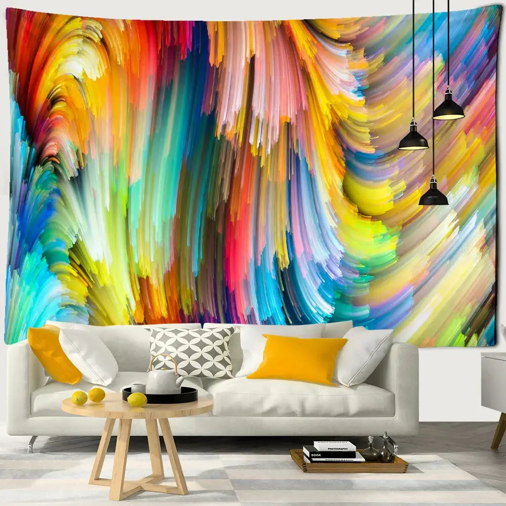 Abstract purple and blue iris mandala 3d tapestry with vibrant swirling rainbow colors above white sofa decorbites boheme