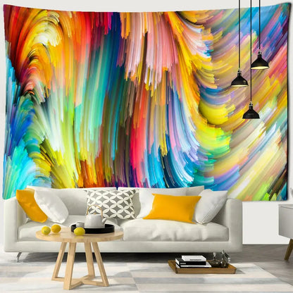 Abstract purple and blue iris mandala 3d tapestry with vibrant swirling rainbow colors above white sofa decorbites boheme
