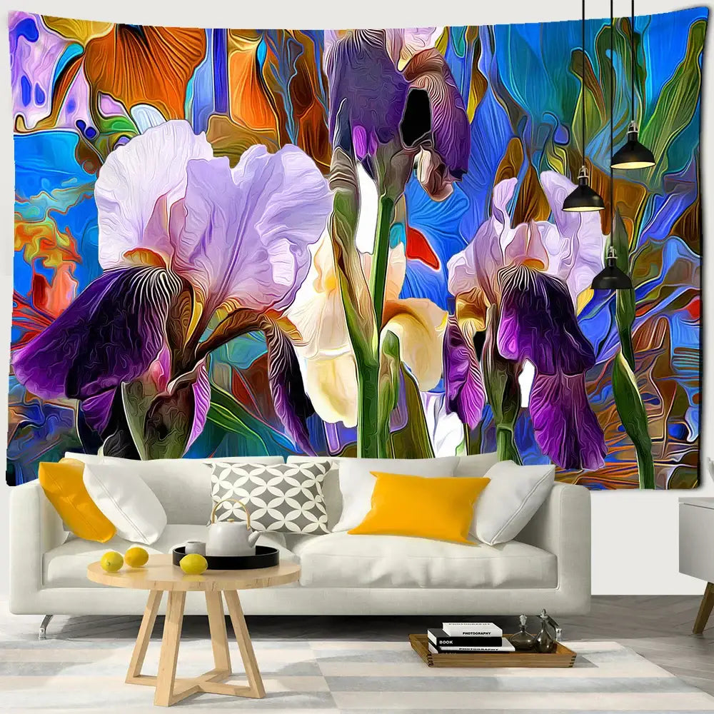 Abstract purple and blue iris mandala 3d tapestry with bold floral design and dynamic brushstroke textures for decorbites boheme decor