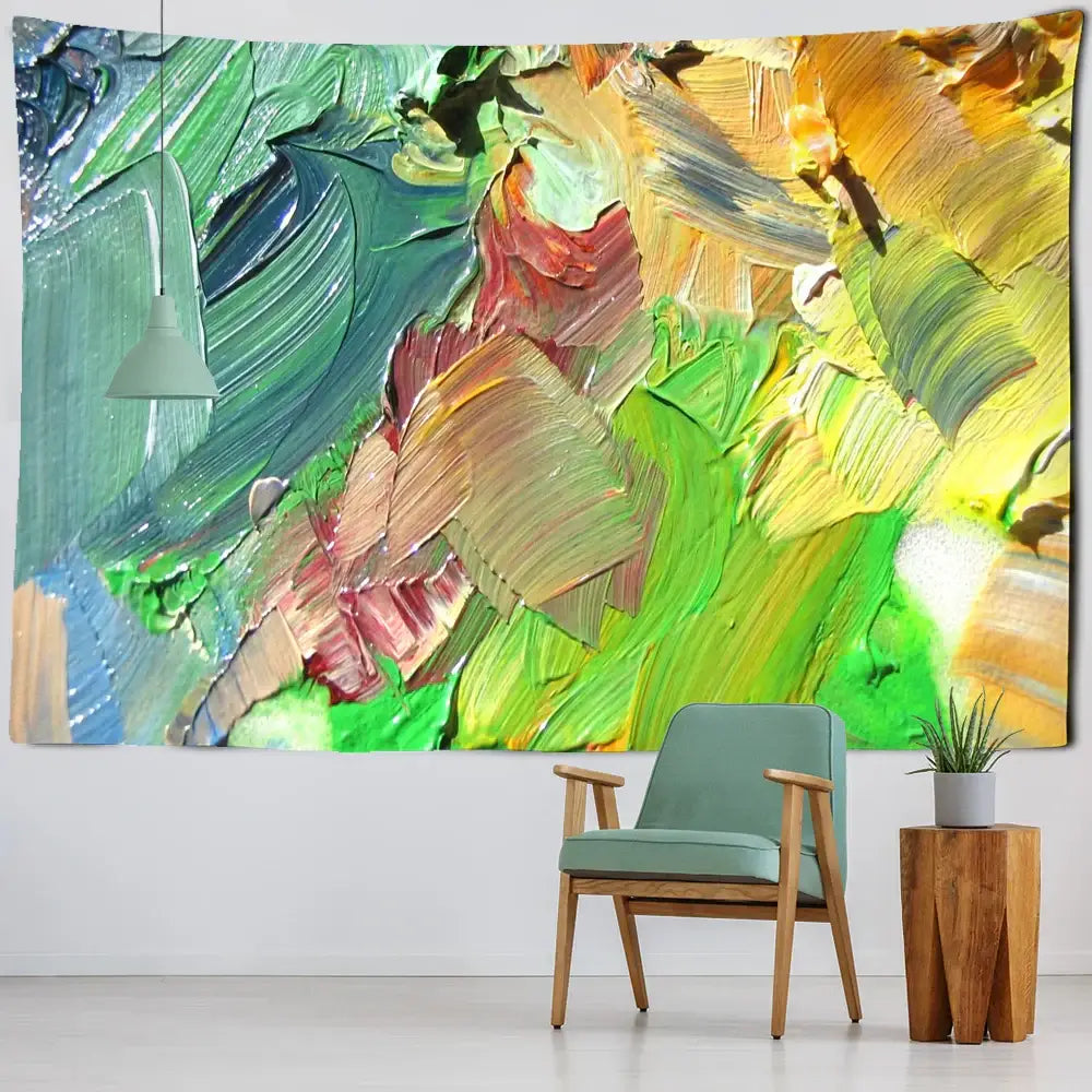 Vibrant abstract paintbrush strokes tapestry in bold greens yellows and reds with impasto texture for decorbites boheme mandala 3d tapestry living room decor